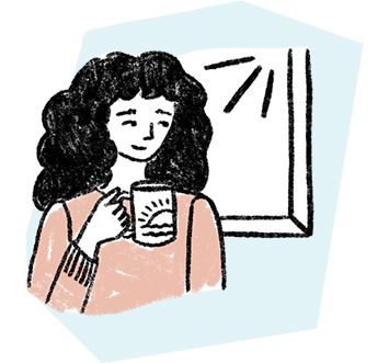 An illustration of a woman holding a cup of coffee and looking out a sunny window.
